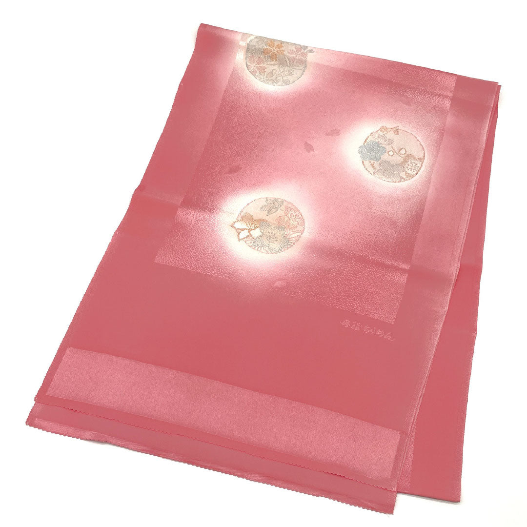 （新古品）帯揚げ 正絹 NEWランク セミフォーマル 中紅花色（なかのくれないいろ） 丹後ちりめん 丸に花 桜 長さ約180cm 幅約31cm ピンク系 1136001311913