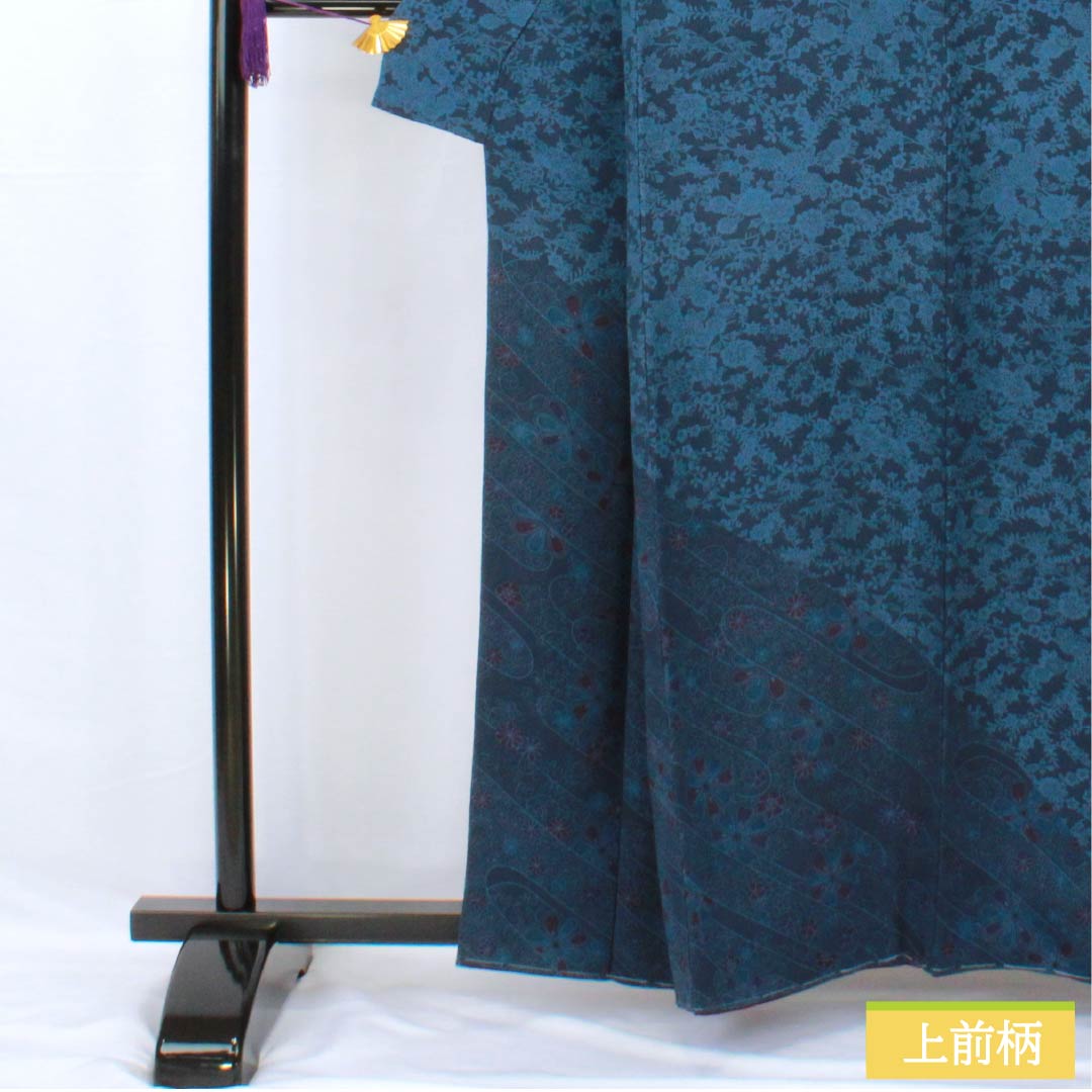 訪問着 正絹 身丈159cm 裄丈62cm 袷 濃紺色（のうこんいろ） 型染 総花 Aランク 紺系 1115005403318
