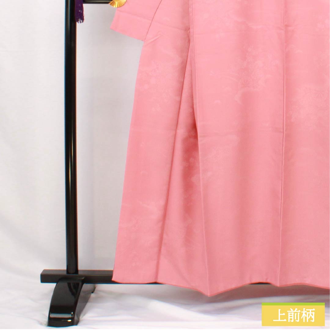 Solid-colored polyester kimono, length 157cm, sleeve length 64cm, single-layer plum-colored (hitoeumeiro) woven with silk brocade and featuring a flower cart, washable, lined, A-rank, pink, product number 1114002133313