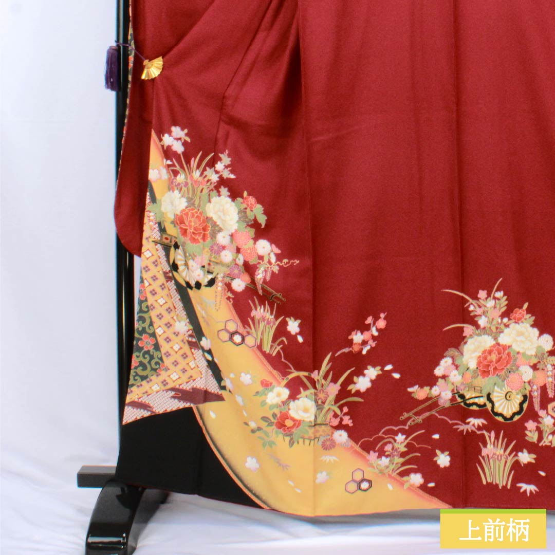 Furisode Pure Silk S Rank Length 163cm Sleeve length 67.5cm Lined Deep Red Kyo-Yuzen Flower Cart Red 1113002892412