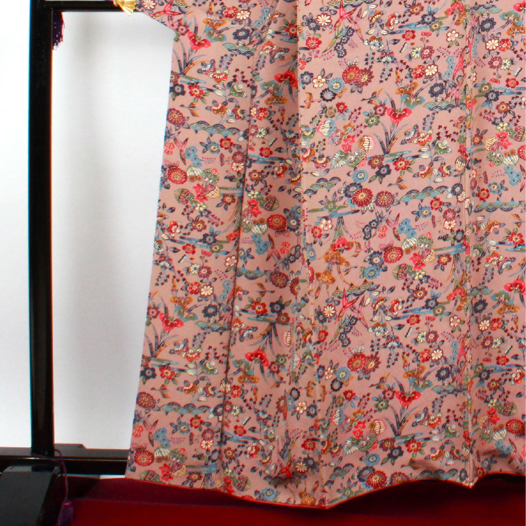 小紋 身丈159.5cm 裄丈64.5cm 袷  銀煤竹色 型染 草花模様  正絹 Sランク 朱系 1115002212316