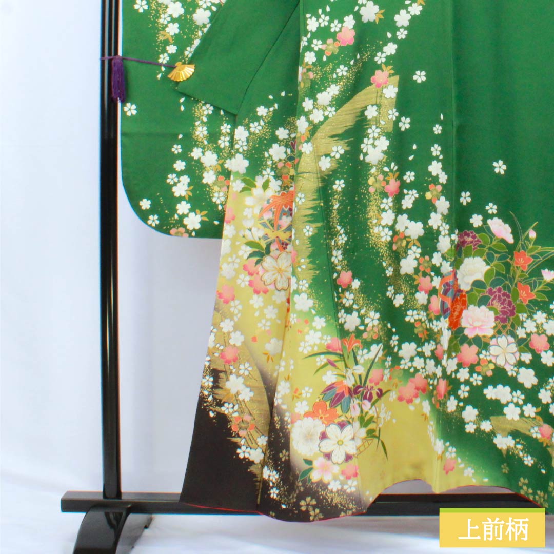 Furisode Kimono (S-Rank) - Pure Silk, S-Rank, Length 153cm, Sleeve Length 62.5cm, Lined, Green-Brown, Kyoto Yuzen Print, Cherry Blossom and Floral Design, Pearl Tone Finish, Green, Product Number: 1113002142219