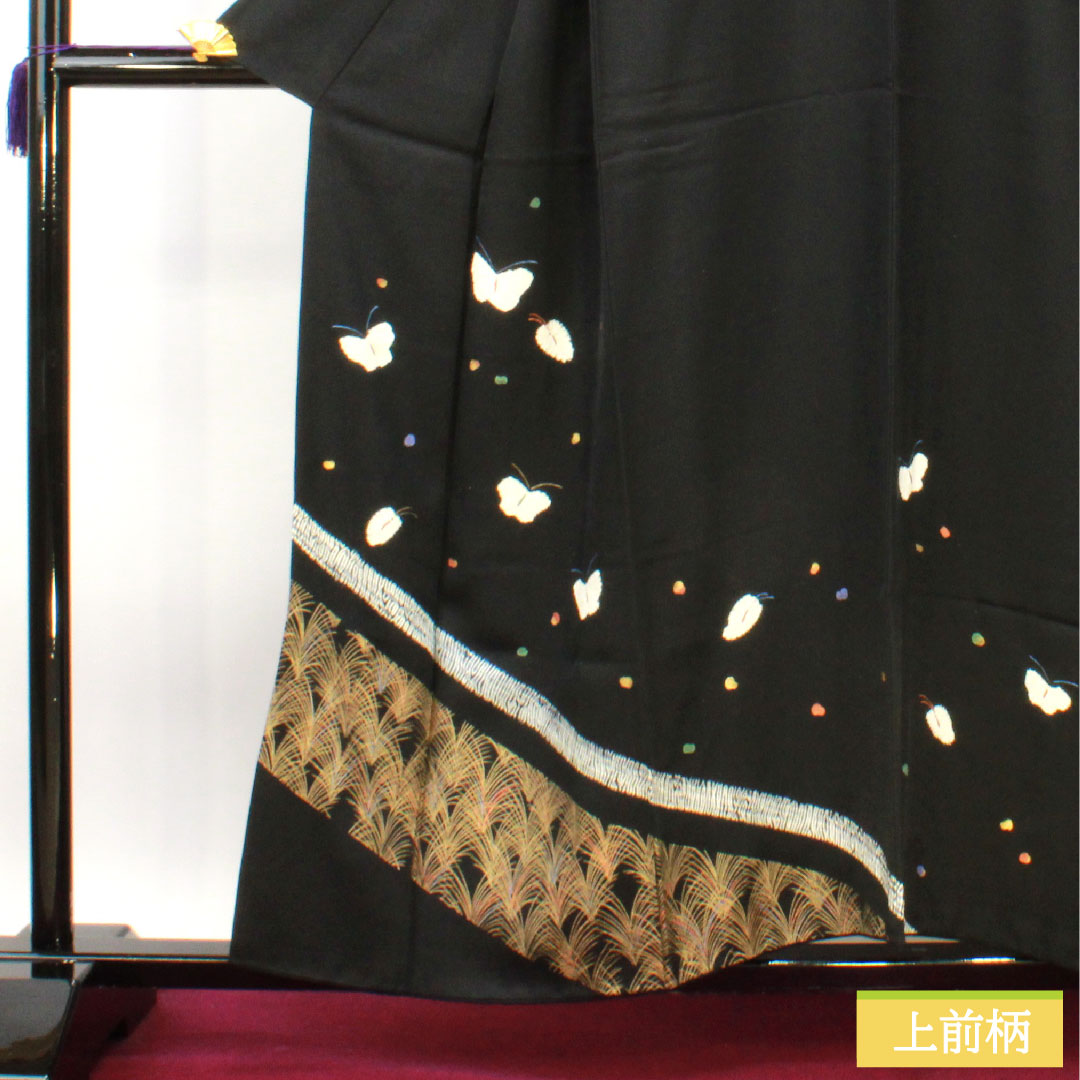 Homongi, pure silk, lined, length 157.5cm, sleeve length 63.5cm, tie-dye pattern, butterfly, A rank, black, 1112004393310