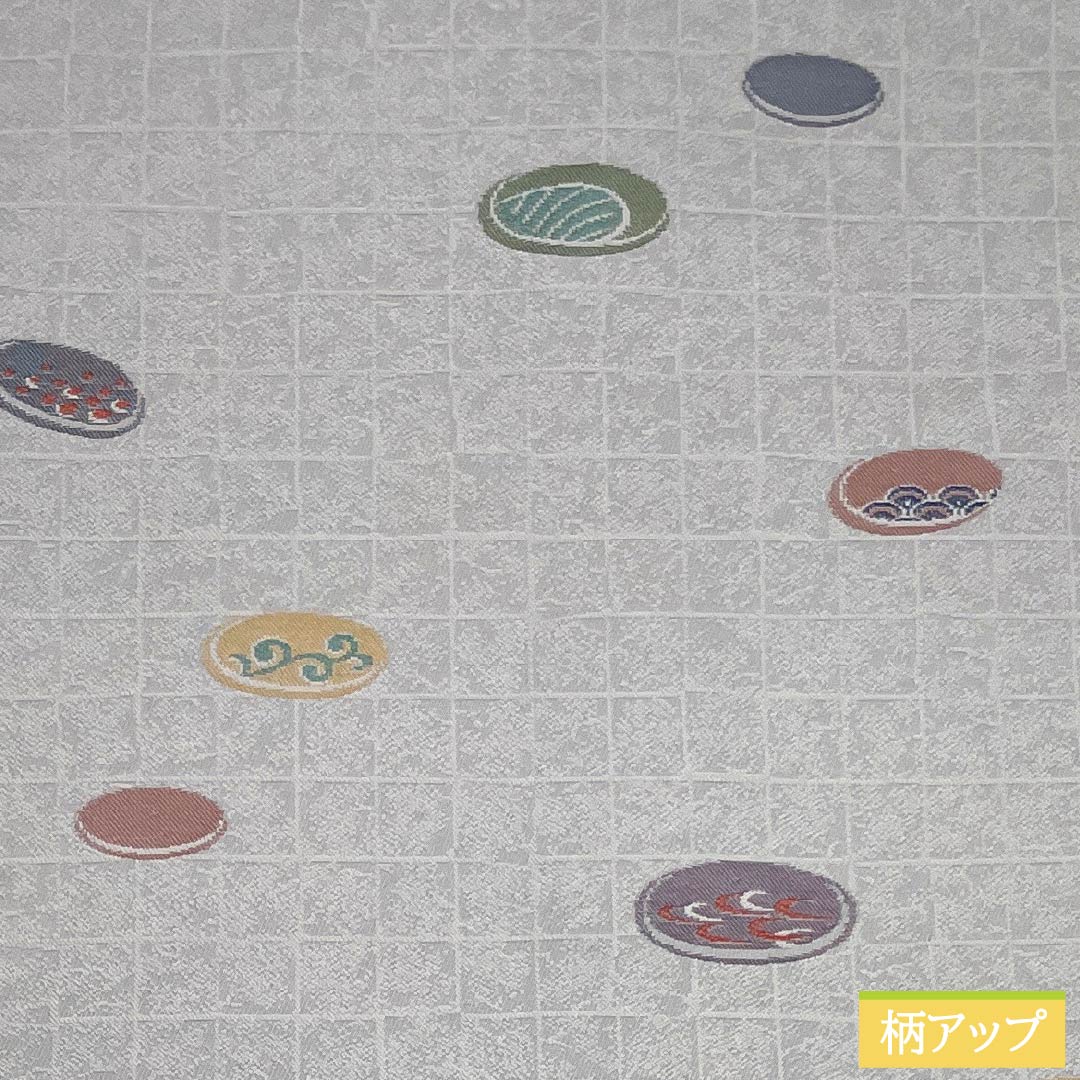 名古屋帯 正絹 Sランク 錫色（すずいろ） 丸に古典柄 市松地 帯丈352cm 六通 カジュアル グレー系 1124010782322 名古屋仕立て