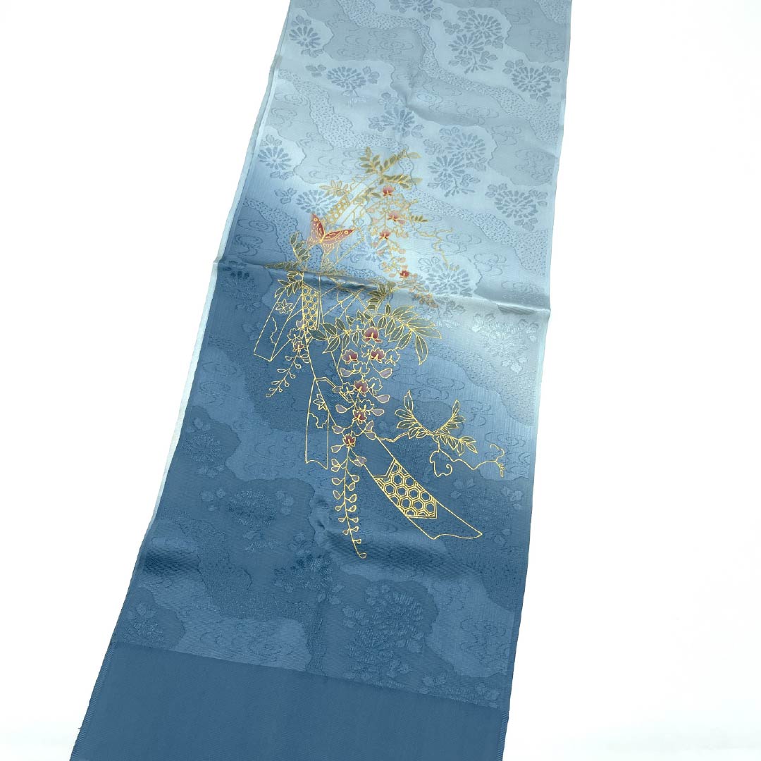 帯揚げ 正絹 Bランク セミフォーマル 熨斗目花色（のしめはないろ） 道長取り 短冊 藤 長さ約185cm 幅約29.5cm 青系 1136004594917