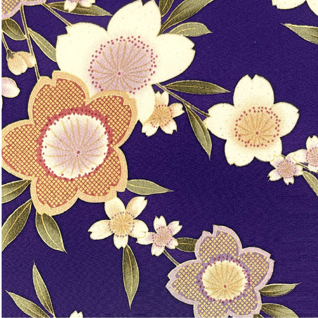 Fabric, Komon, Pure Silk, Eggplant Navy Blue, Tango Chirimen, Cherry Blossom, Floral Pattern, New Rank, Purple, 1130001091920