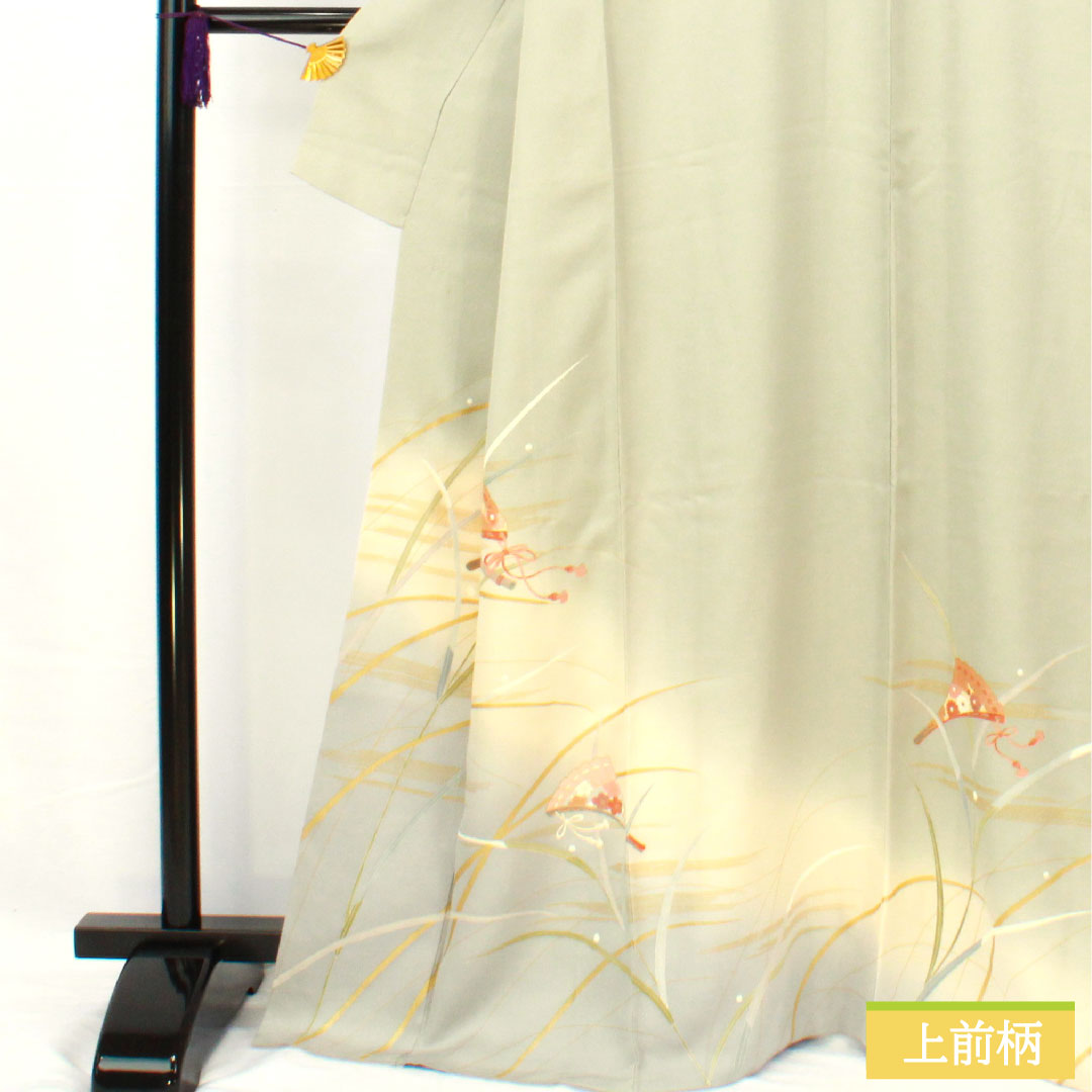 Homongi, pure silk, lined, length 167cm, sleeve length 62.5cm, white-green, Kyo-Yuzen, fan, dew grass, B rank, green, 1112004934519