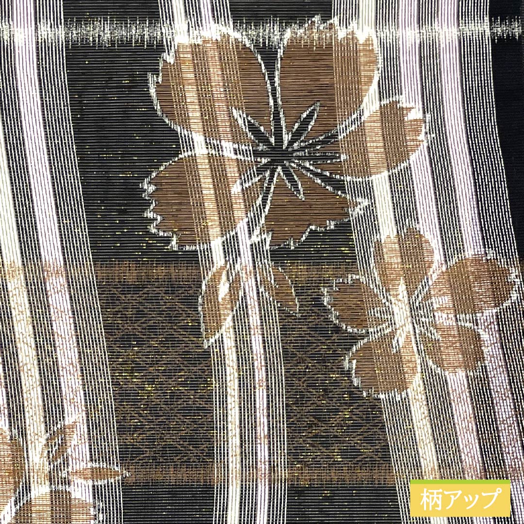 Nagoya obi, pure silk, reversible, lattice pattern, cherry blossom pattern, summer obi, obi length 370cm, S rank, full length, semi-formal, black, 1124006802310, open style