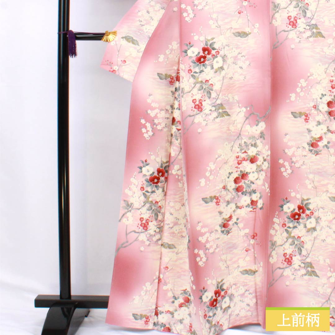 Komon silk S-rank kimono, length 163cm, sleeve length 68cm, lined, one-kin dyed, Kyoto Yuzen pattern, floral motif, pink, with basting thread, product number 1115007132413