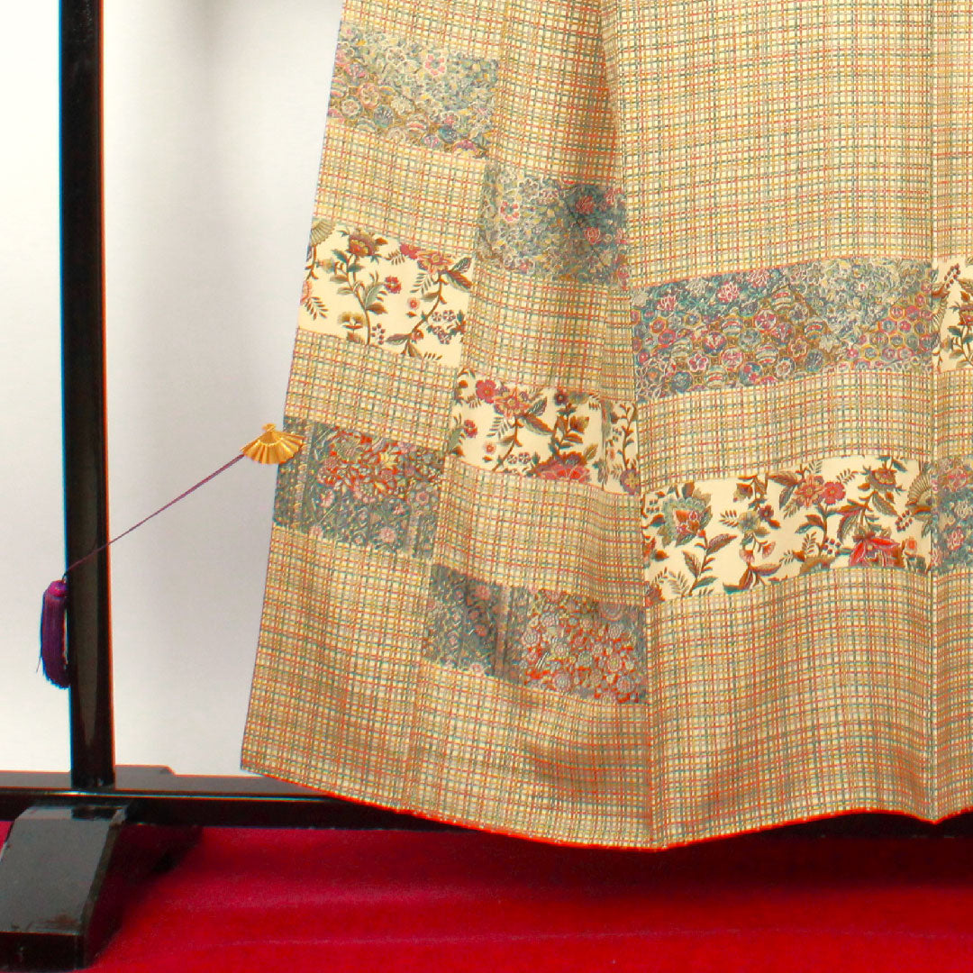 Homongi, lined, length 151.5cm, sleeve length 63cm, chintz pattern, checkered, lacquered color, pure silk, A rank, cream color, 1112001473215