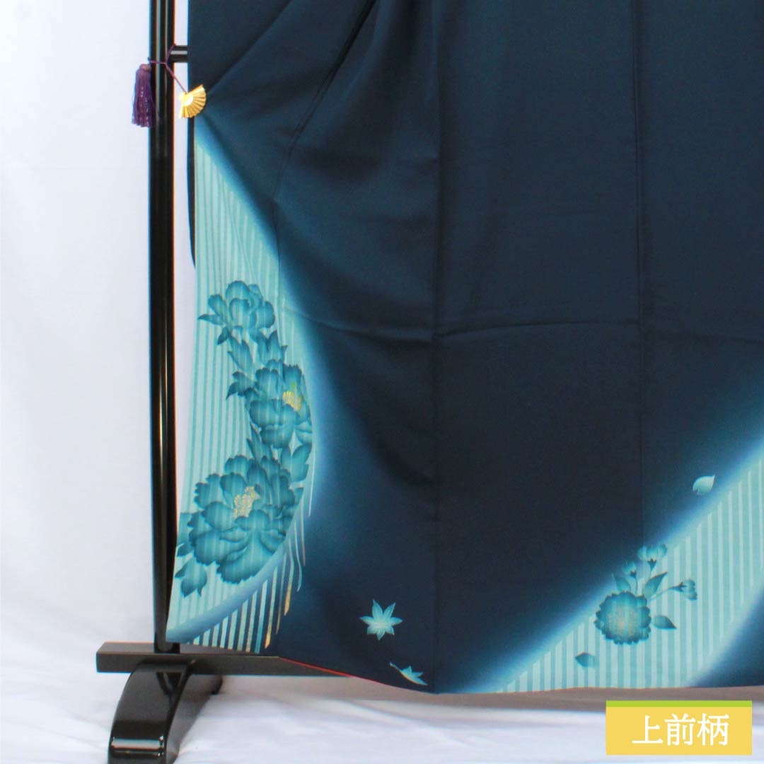 振袖 正絹 Aランク 身丈161cm 裄丈62.5cm 袷 印度藍色（いんどあいいろ） 京友禅 牡丹 紅葉 紺系 1113002833418