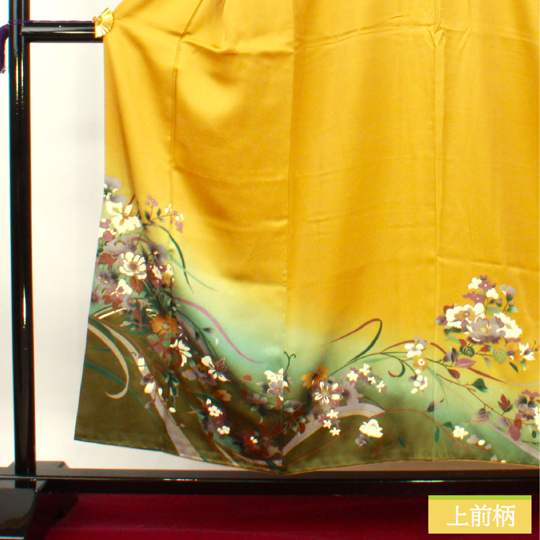 Homongi, pure silk, lined, length 156.5cm, sleeve length 62.5cm, ochre, Kyoto Yuzen, floral pattern, Scotchguard processing, S rank, yellow, 1112004422323