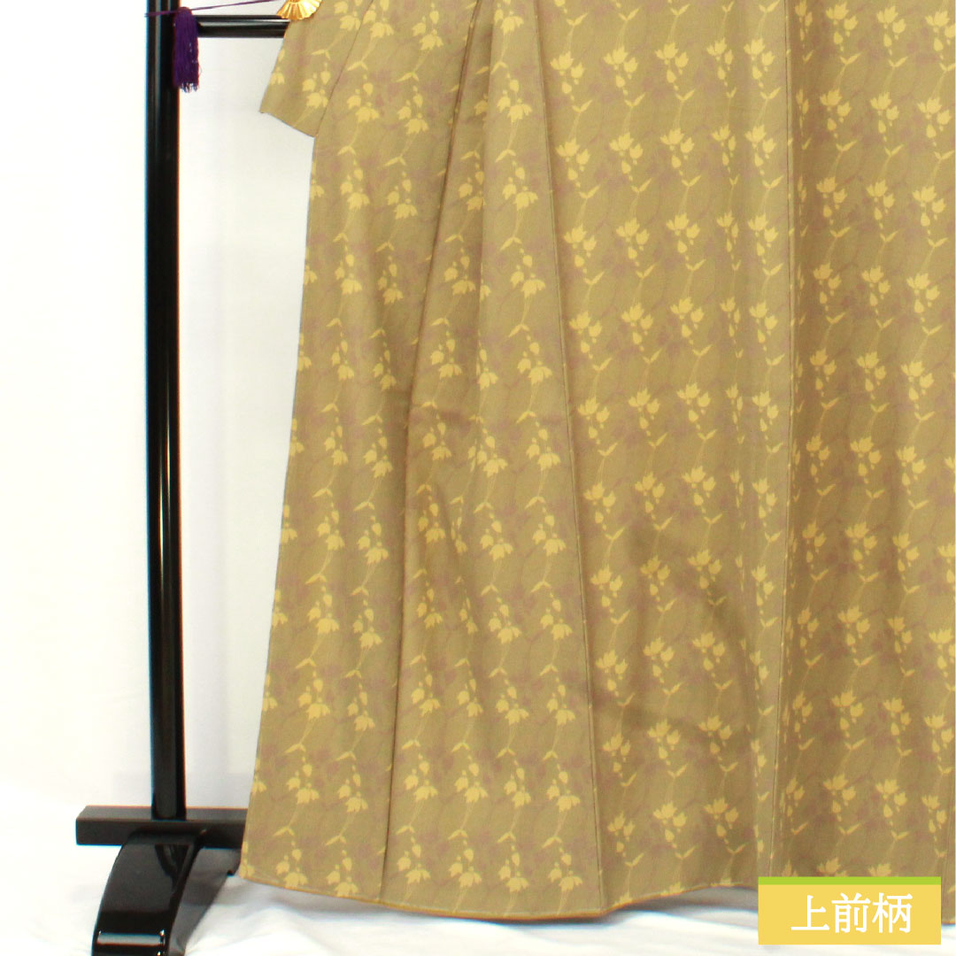 小紋 ポリエステル 身丈163cm 裄丈65cm 袷 紀州茶色（きしゅうちゃいろ） 洗える着物 抽象花 しつけ糸付き 未使用品 Sランク 緑系 1115004922419