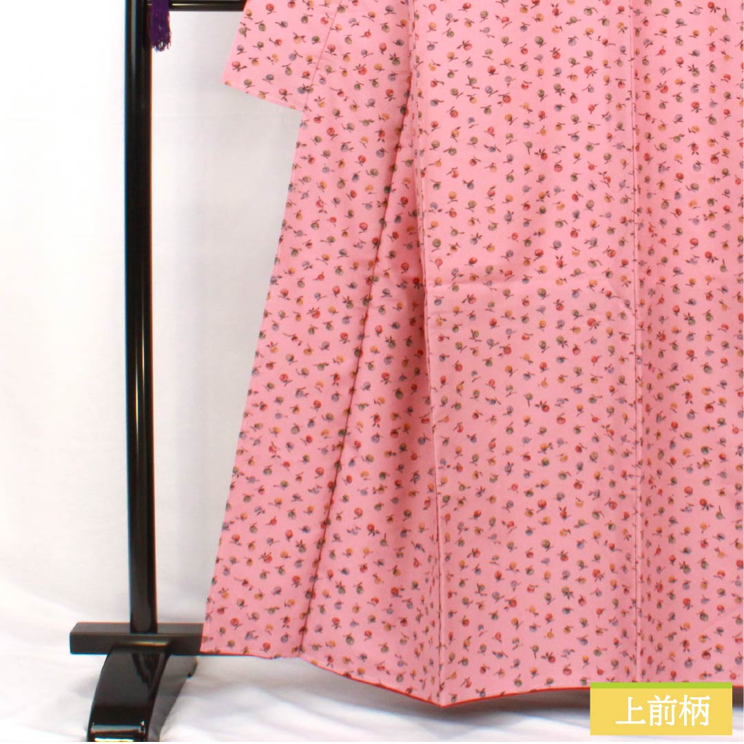 Small pattern, polyester, length 160cm, sleeve length 67cm, lined, one-kin dyeing, stencil dyeing, washable kimono, fruit, with basting thread, S rank, pink, 1115005022413