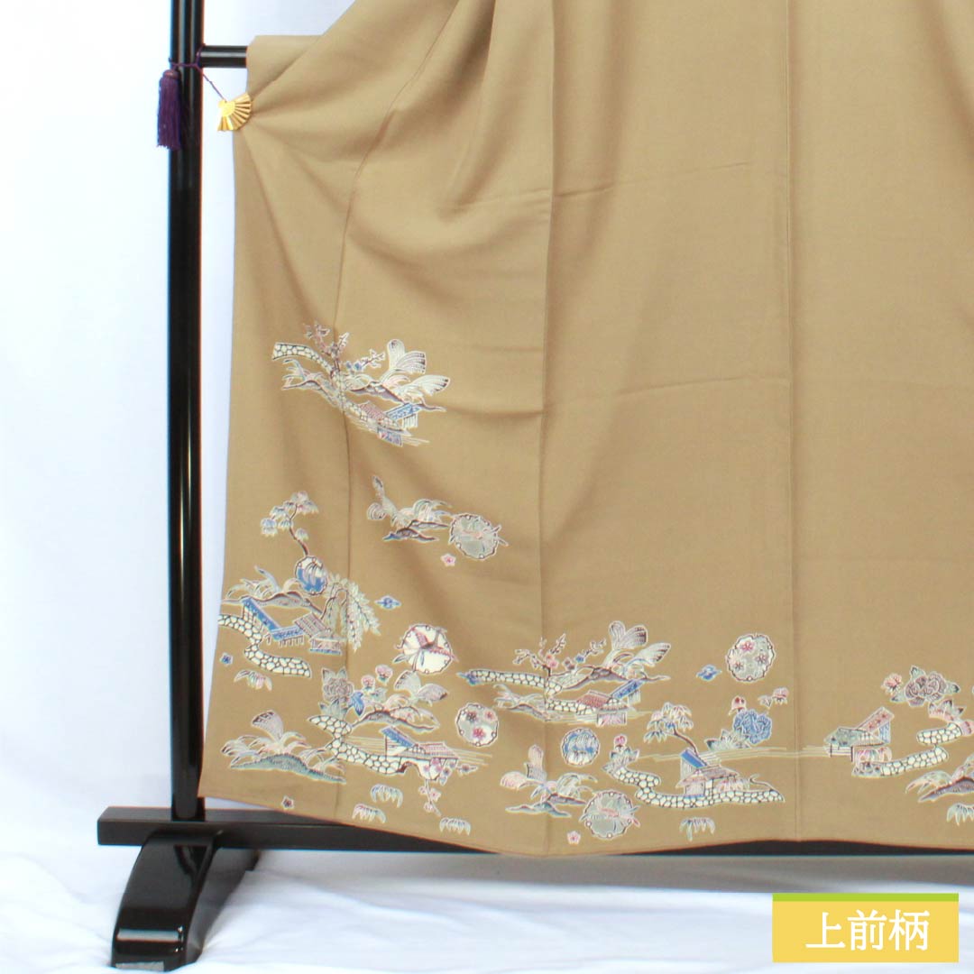 訪問着 正絹 Aランク 袷 身丈160cm 裄丈62.5cm 丁子煤竹色（ちょうじすすたけいろ） 琉球紅型 雪輪 鳳凰 風景 パールトーン加工 ベージュ系 1112007273425