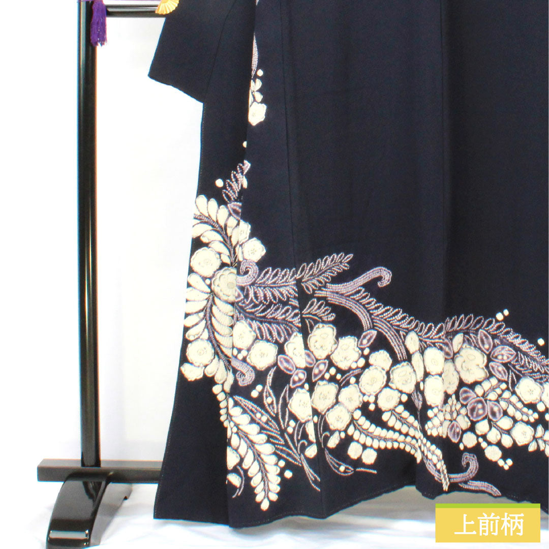 Homongi, pure silk, lined, length 158cm, sleeve length 67cm, blue-brown, Tsujigahana, partially dyed, A rank, navy blue, 1112005163318