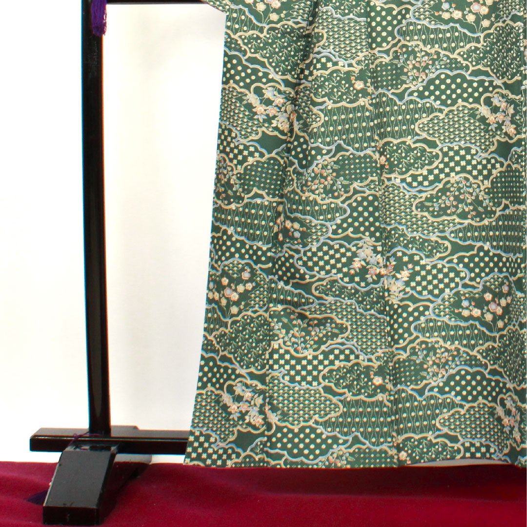 Small pattern, Length 160cm, Sleeve length 62.5cm, Awase, Light green, Washable kimono, Cloud pattern, Floral pattern, Polyester, S rank, Green, 1115002572419