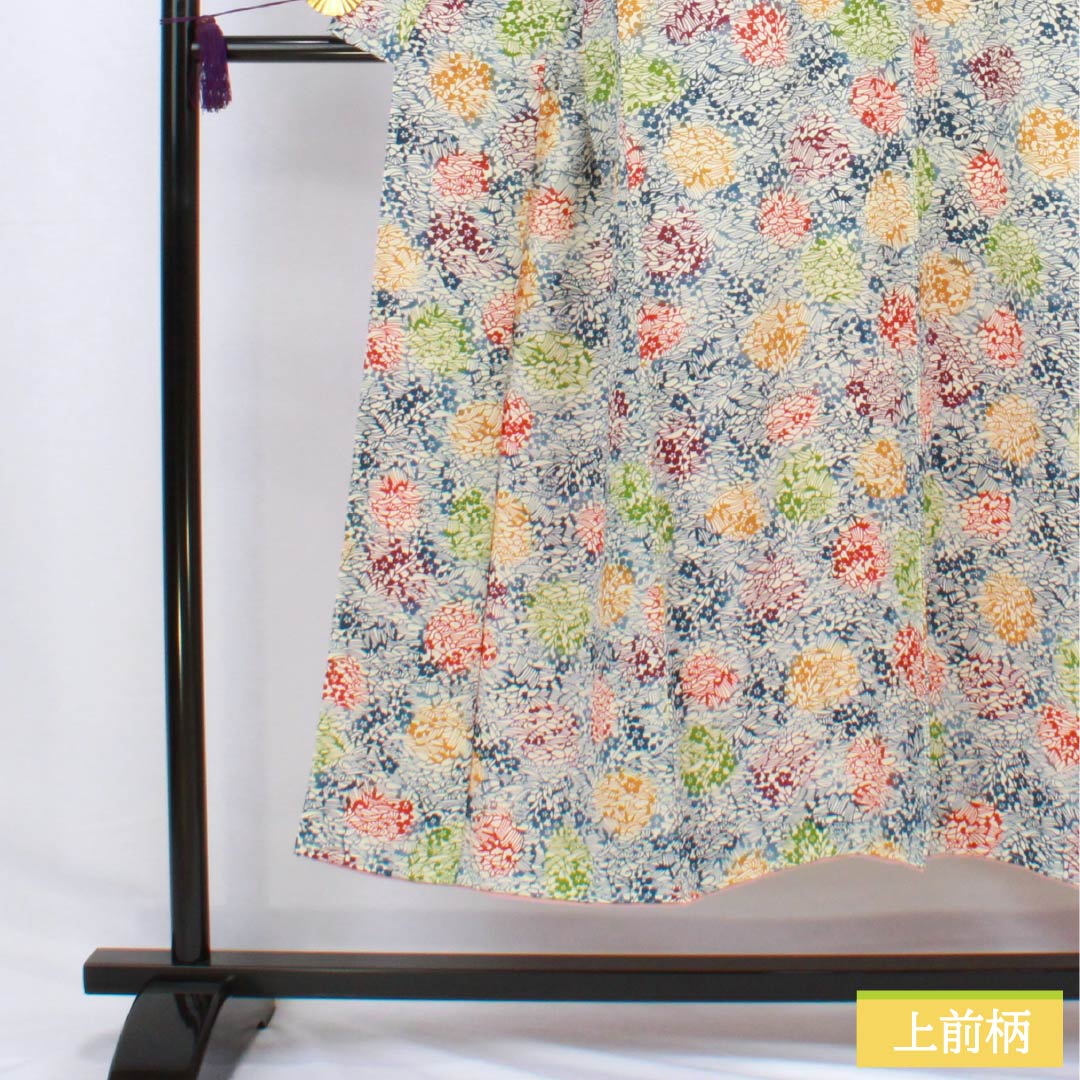 Komon (small pattern) kimono, pure silk, length 147cm, sleeve length 64cm, lined, off-white, stencil-dyed, abstract pattern, with basting thread, A rank, white, 1115006123111