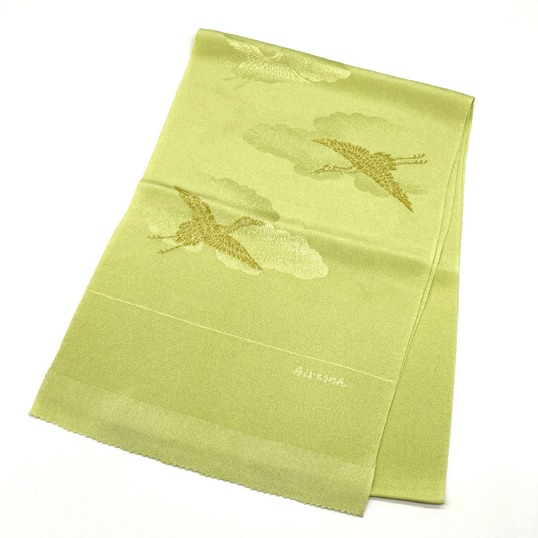 （新古品）帯揚げ 正絹 NEWランク セミフォーマル 若芽色（わかめいろ） 丹後ちりめん 鶴 雲 長さ約170cm 幅約28.5cm 緑系 1136001231919