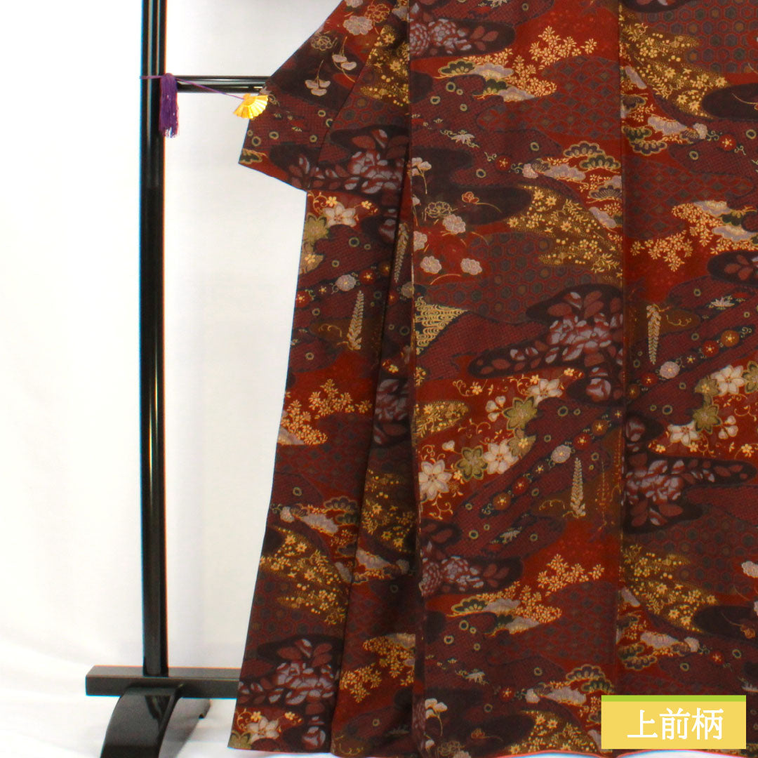 小紋 正絹 Sランク 身丈164.5cm 裄丈64.5cm 袷 小豆茶色（あずきちゃいろ） 辻ヶ花 ザ・スーパーシルク スコッチガード加工  茶系 1115007632414