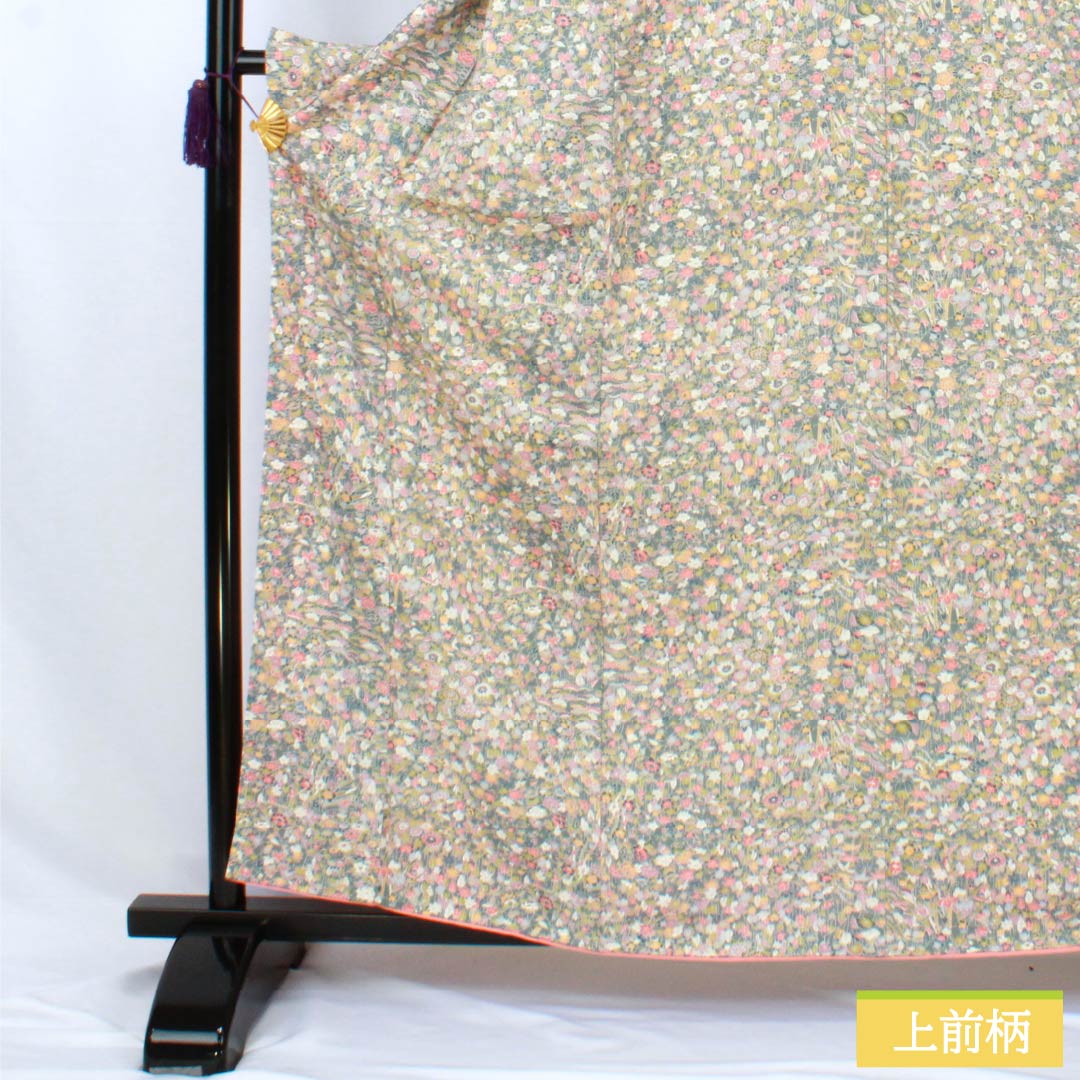 Komon (small pattern) silk, S rank, length 160cm, sleeve length 65cm, lined, Fukagawa gray (Fukagawa gray) pattern, all-over floral pattern, green tones, product number 1115007762419
