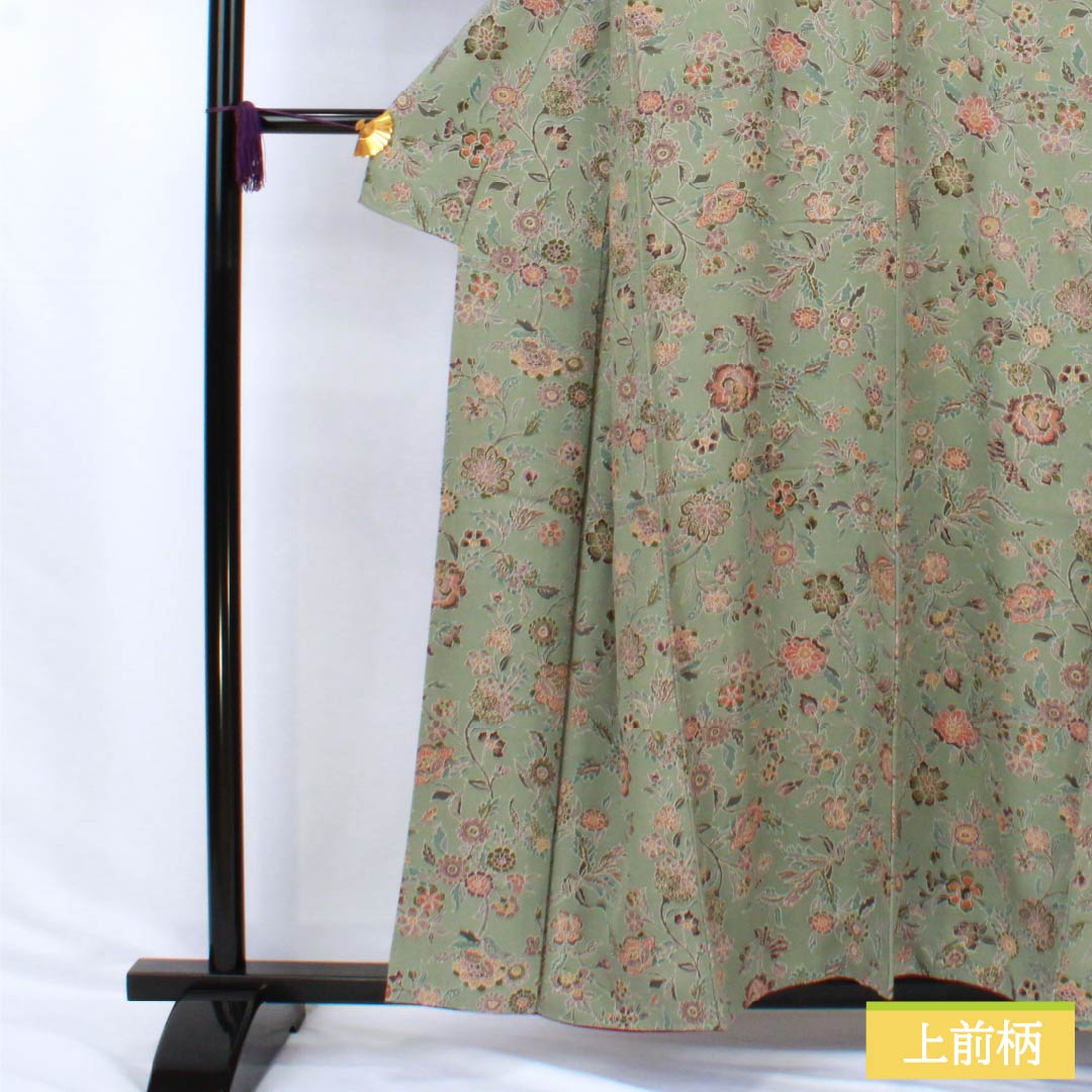 Komon (small pattern) silk, S rank, length 156.5cm, sleeve length 63cm, lined, Rikyu gray (Rikyu mouse color), chintz, green, 1115007162319