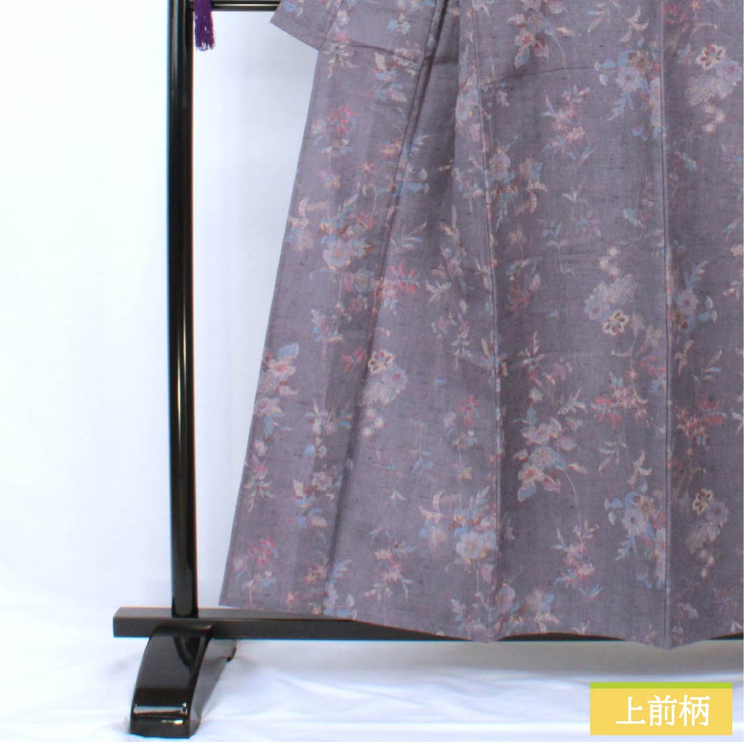 小紋 正絹 身丈157cm 裄丈63cm 単衣 相思鼠色（そうしねずいろ） 型染 紬地 草花模様 Sランク 紫系 1115005762320