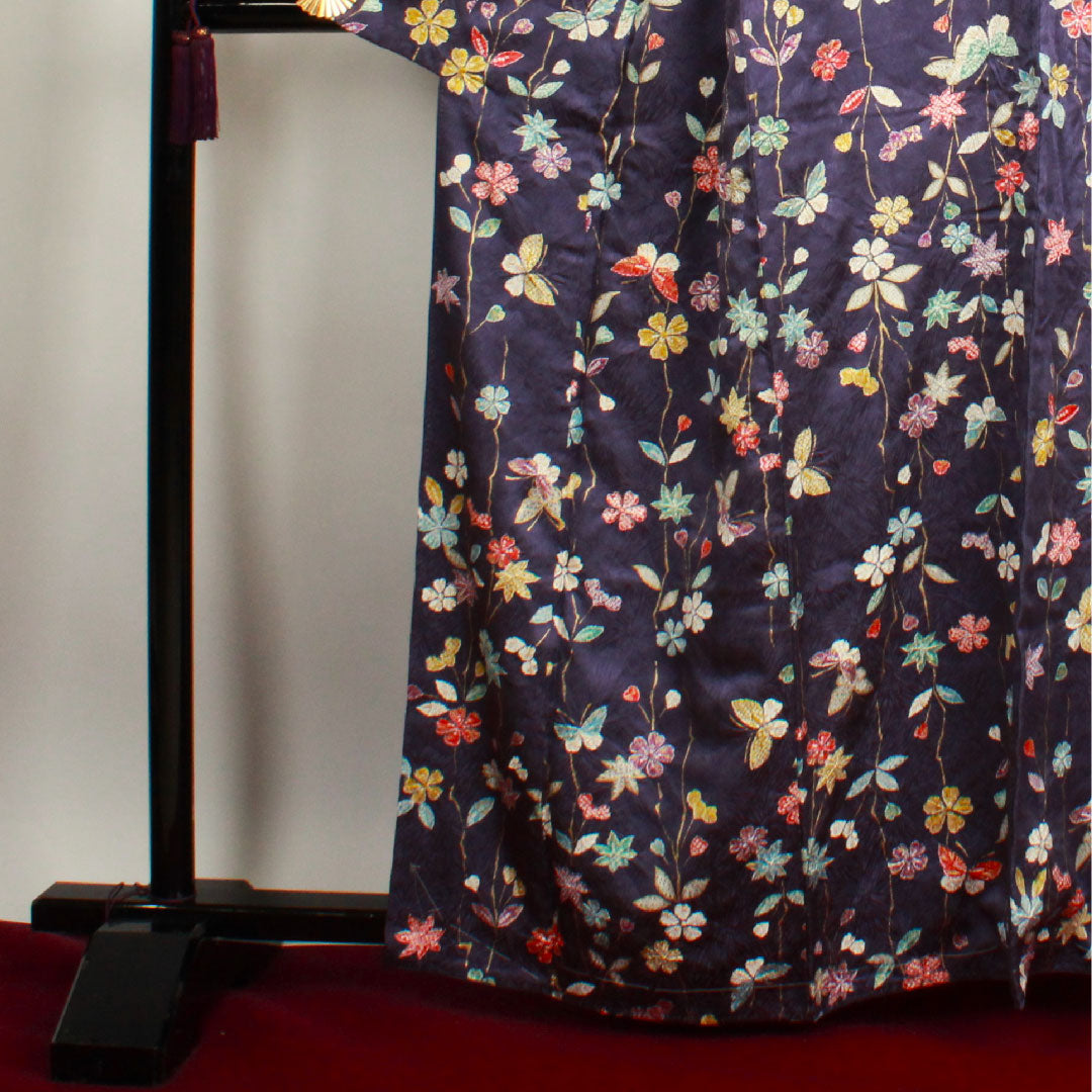 小紋 身丈164.5cm 裄丈65cm 袷  江戸紫色 絞り 花模様  正絹 Sランク 紫系 1115002332420