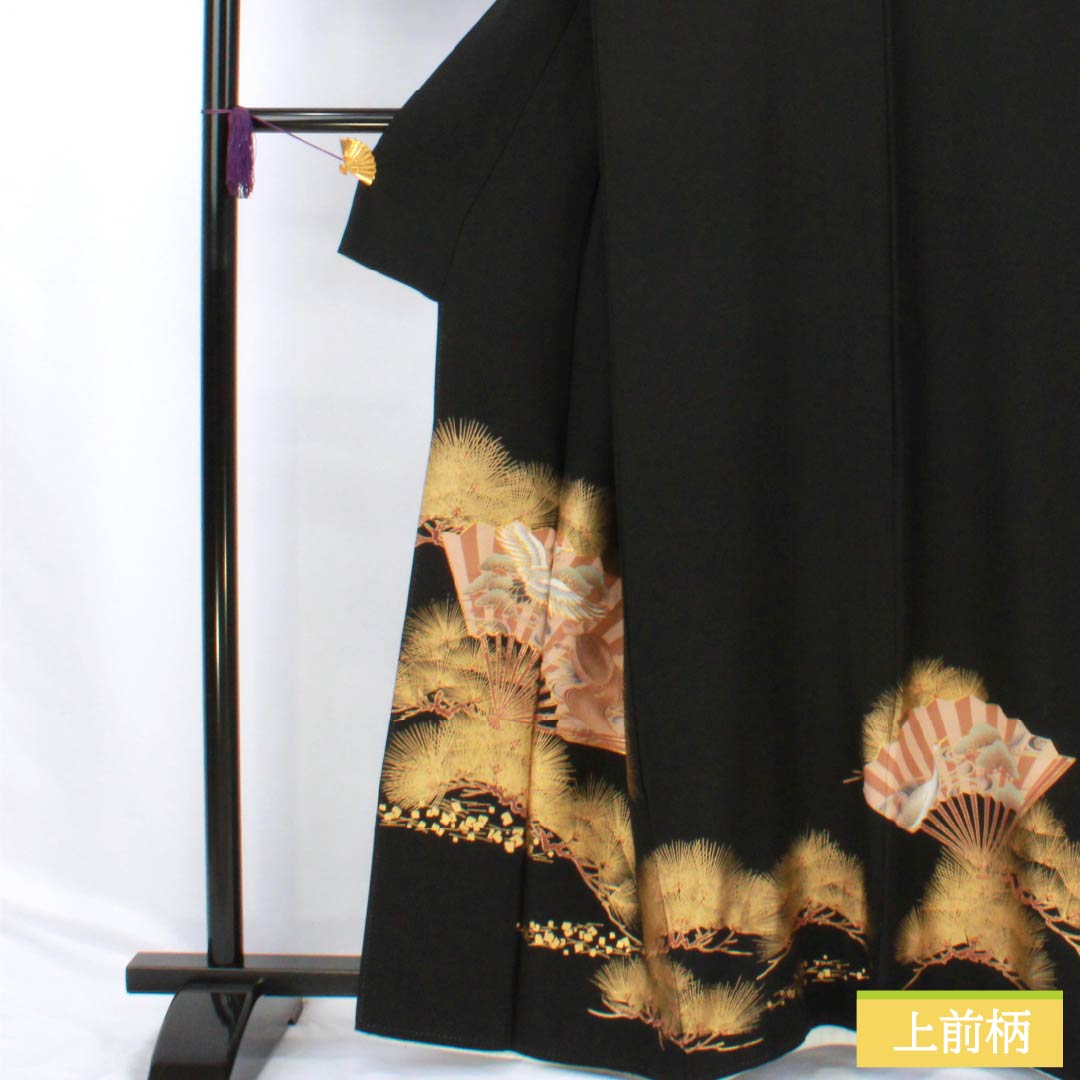 Black formal kimono, pure silk, A-rank, length 160.5cm, sleeve length 64cm, lined, five crests, three oaks, crane, pine, turtle, fan design, black, 1111001903410
