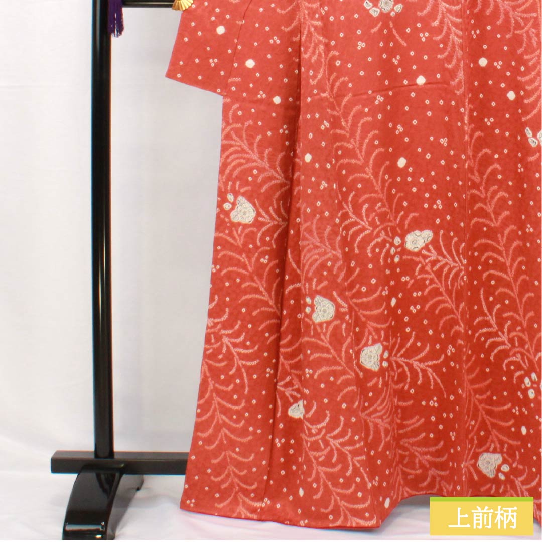 Komon, pure silk, length 163cm, sleeve length 65cm, lined, scarlet copper color, tie-dye, Tsujigahana, S rank, vermilion, 1115005242416