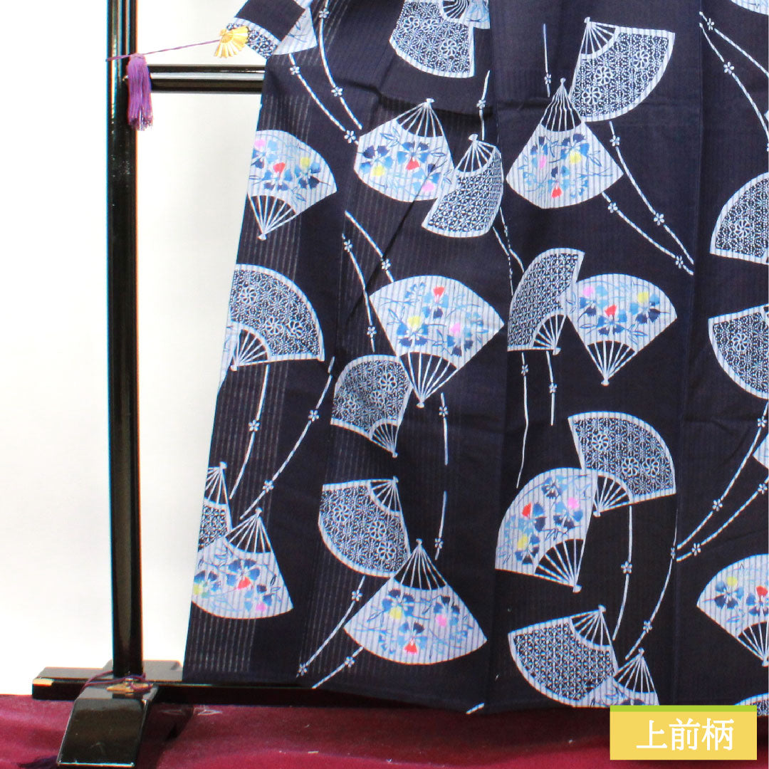 Yukata Cotton Length 160cm Sleeve length 65.5cm S rank Single layer Navy blue Folding fan Floral pattern 1118004522418