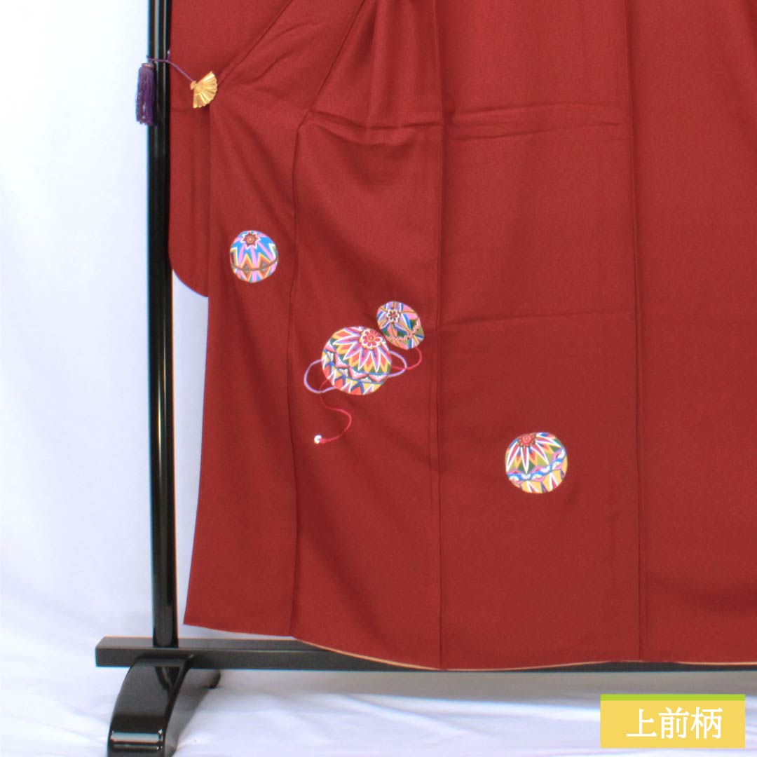 Furisode Pure Silk S Rank Length 157cm (4ft 9in) Sleeve-to-sleeve 64cm (2ft 1in) Lined Dark Red (Enji-iro) Suzhou Embroidery Temari Red color scheme 1113002802312