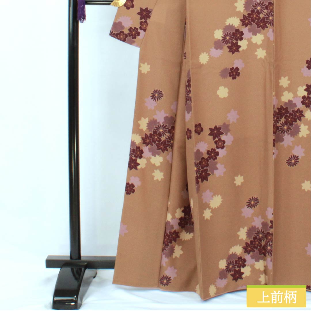 Small pattern, polyester, length 164.5cm, sleeve length 66.5cm, lined, hunting tiger brown (rakko brown), fukiyose, washable kimono, S rank, brown, 1115005802414