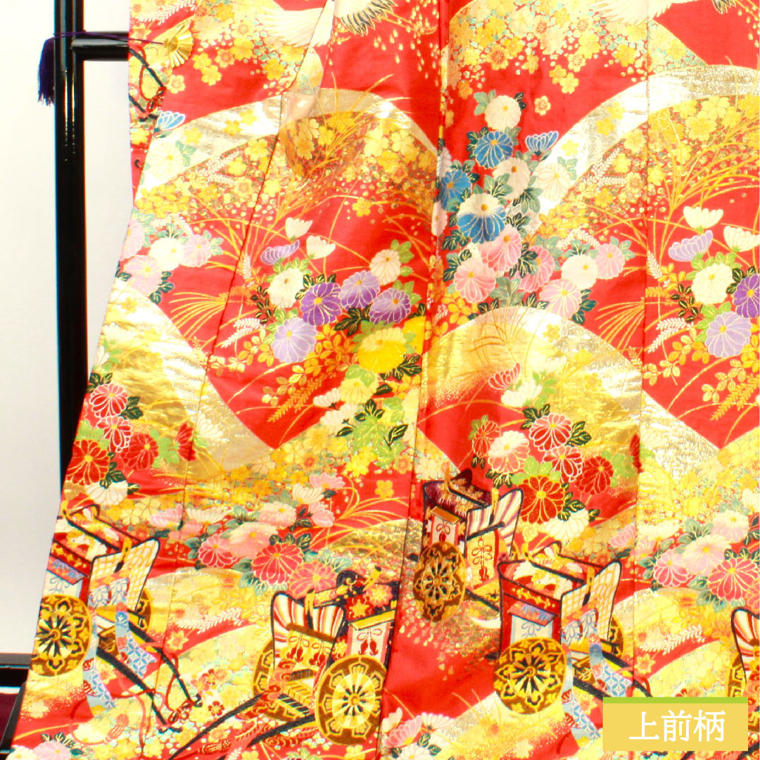 色打掛 正絹 身丈188.5cm 裄丈67cm  洋紅色（ようこうしょく） 御所車 吉祥文様 Sランク 袷 赤系 1110000792912