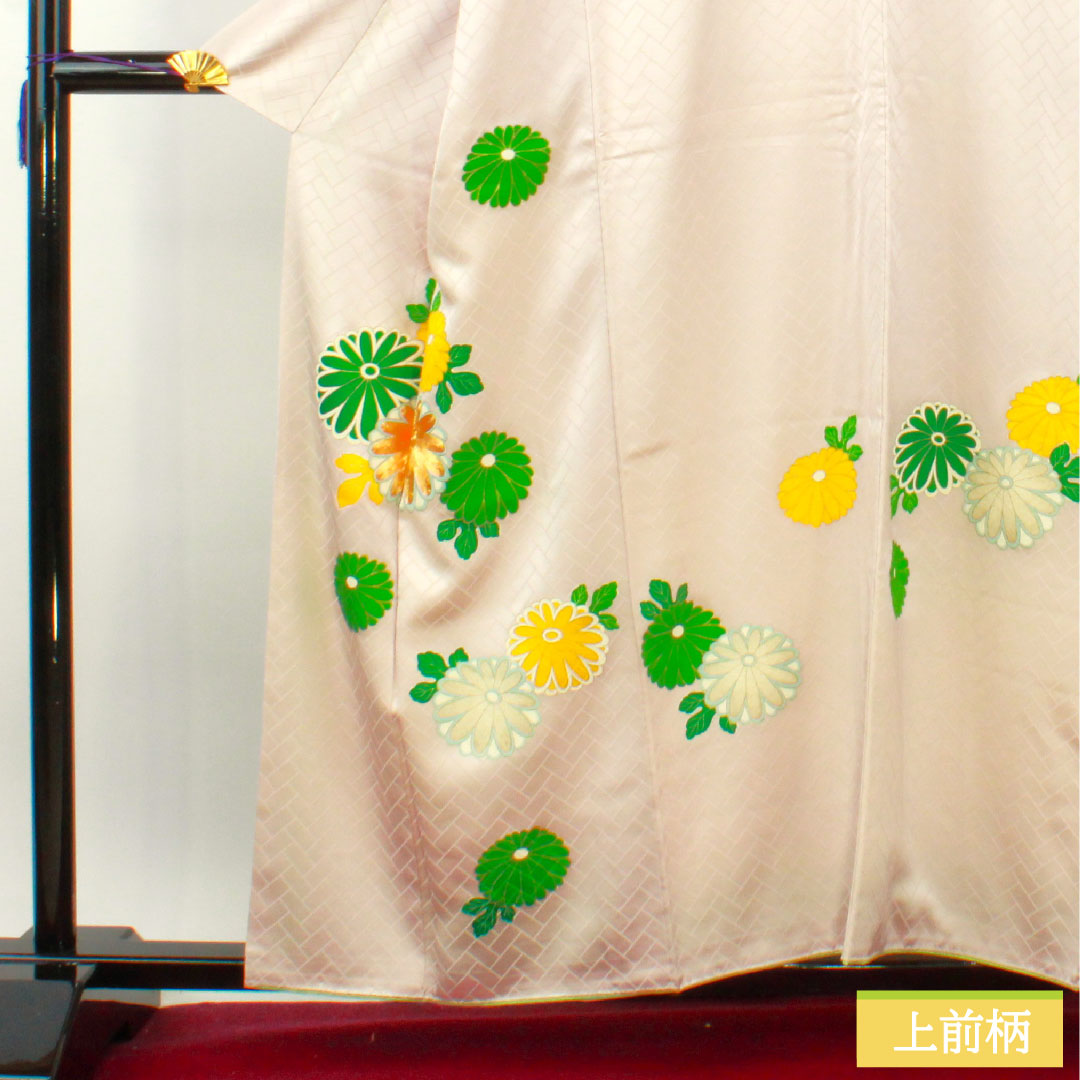 Homongi, pure silk, lined, length 160cm, sleeve length 64.5cm, light cherry blossom color, Kyoto Yuzen, chrysanthemum, S rank, pink, 1112004332413