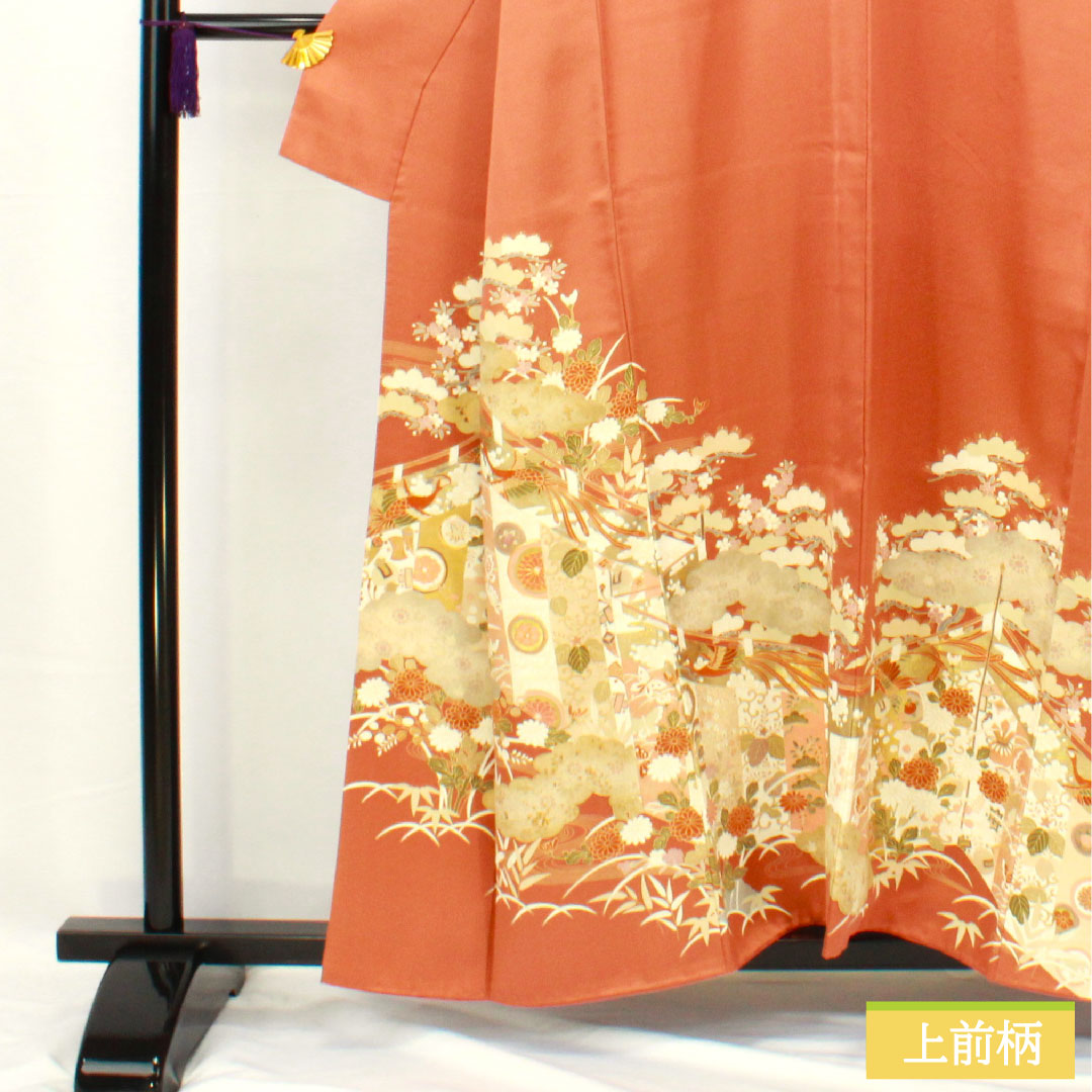 Colored Tomesode, pure silk, length 157cm, sleeve length 63cm, lined, coral color, Kyoto Yuzen, cherry blossom, pine, bamboo, plum, one crest, star and plum blossom, layered collar, A rank, orange, 1111001513326