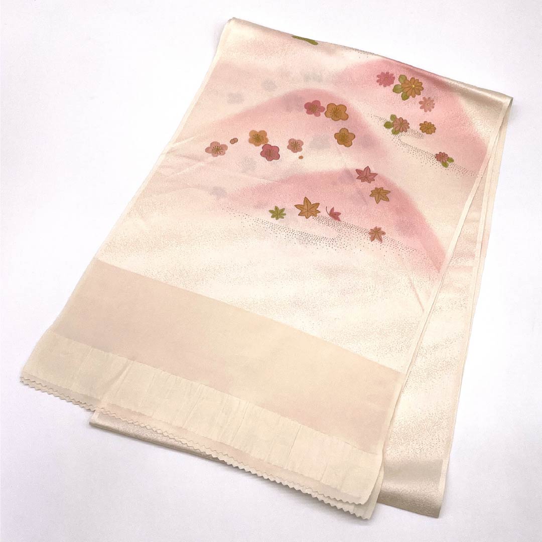 帯揚げ 正絹 Sランク セミフォーマル 翁茶色（おきなちゃいろ） 遠山 松竹梅 菊 長さ約174cm 幅約29cm ピンク系 1136002342913