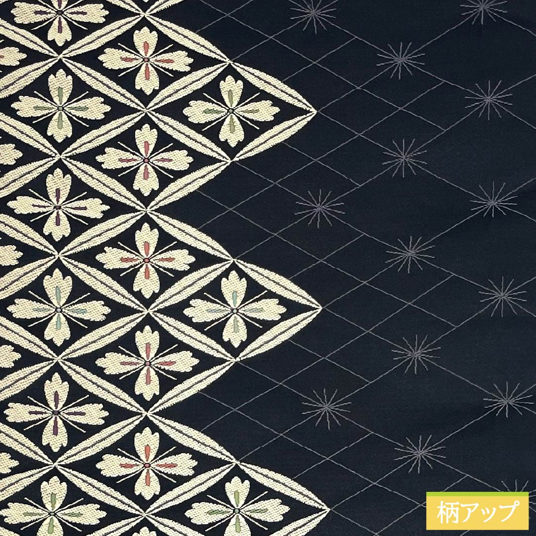 (Kyoto Fukuro Obi) Nagoya Obi, Polyester, S-Rank, Reversible, Hanabishi Pattern, Length 384cm, Full Length, Semi-Formal, Black, 1124011012410, Open-Ended