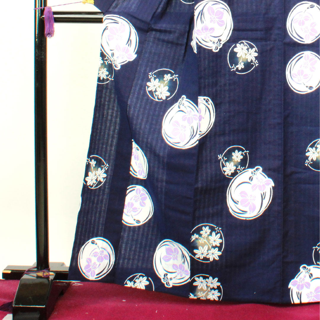 Yukata with basting thread, unused, dark blue, iris, cotton, S rank, single layer, length 166cm, sleeve length 67.5cm, navy blue, 1118002822518