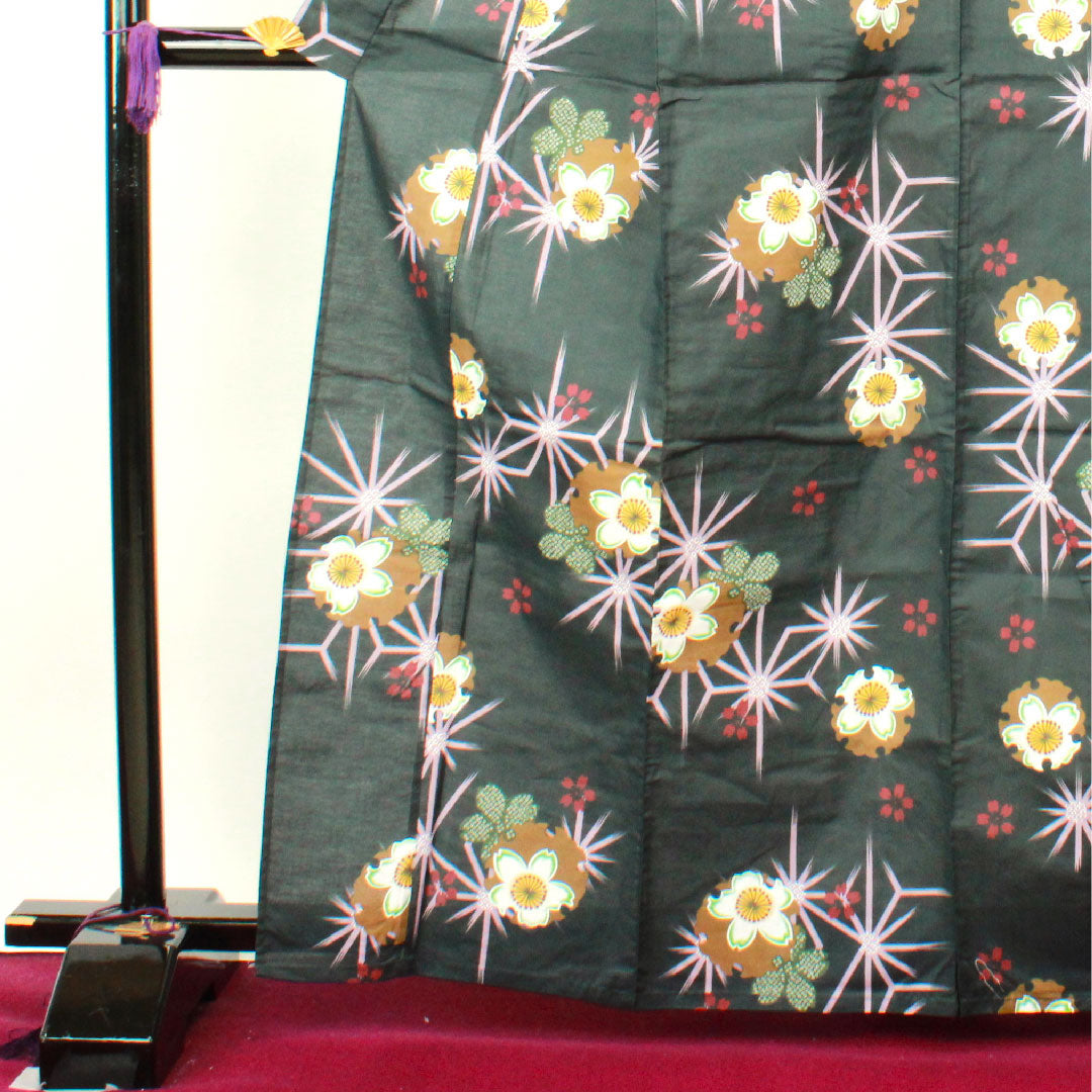 Yukata, Snowflake, Cherry Blossom, Asanoha, Cotton, S Rank, Single Layer, Length 164.5cm, Sleeve Length 64cm, Black, 1118002212410