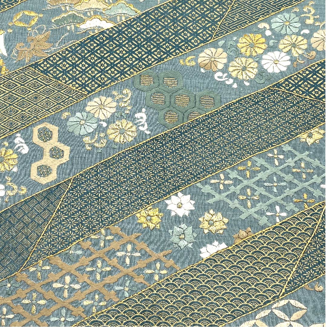 Fukuro obi (indigo brown) with embroidery, auspicious motifs, homaku (treasure scroll), flower arabesque pattern, obi length 430cm, pure silk, S rank, six-pass, formal, green, 1123008142319