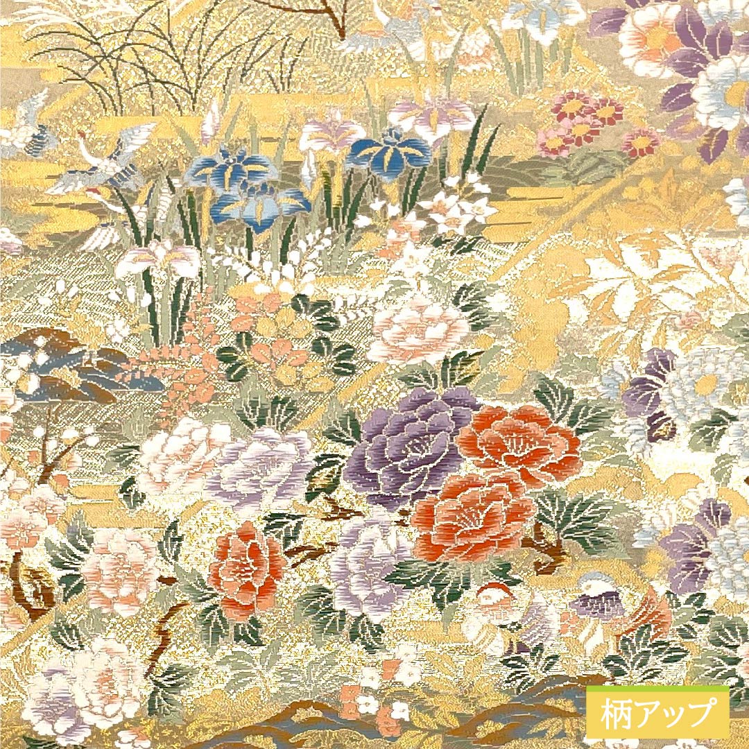 Formal, gold-tone, pure silk obi, A-rank, classic pattern, flower and bird motif for banquets, 436cm long, six-fold obi, suitable for formal wear. Product number: 1123015503321