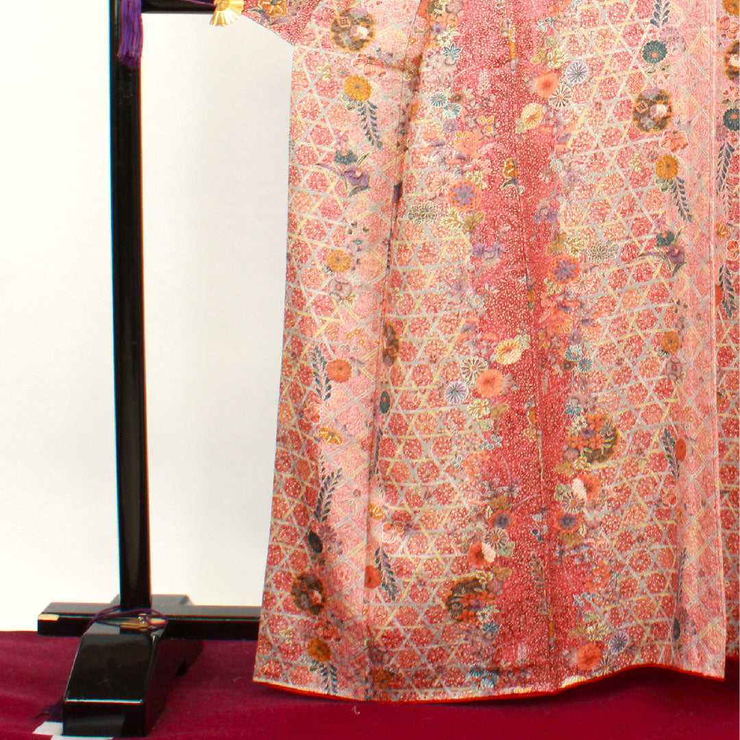 小紋 身丈163.5cm 裄丈64cm 袷  小豆色 草花模様  正絹 Aランク 赤系 1115003293412