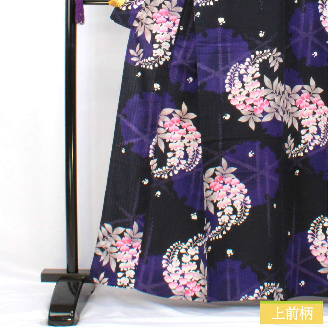 Yukata Cotton Length 161.5cm Sleeve length 66cm S rank Single layer Black Snowflake Wisteria 1118005392410