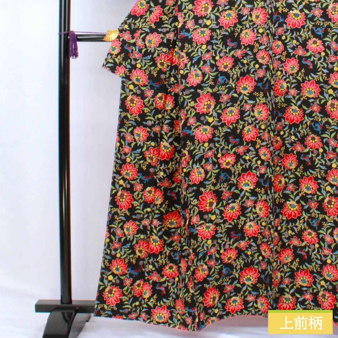 Komon (small pattern) kimono, pure silk, A-rank, length 160.5cm, sleeve length 66cm, lined, floral and bird motifs, black with basting thread, product number 1115007073410