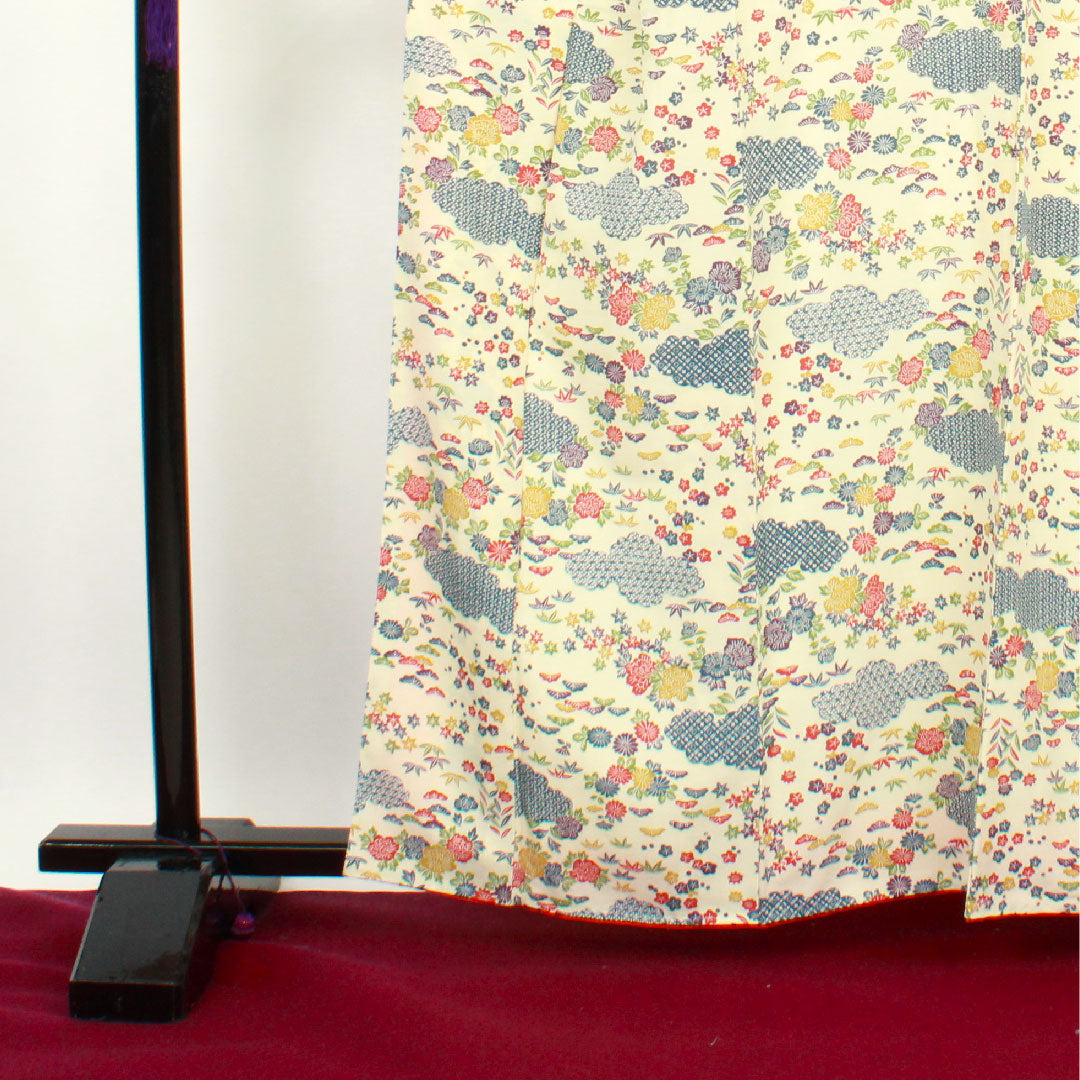 小紋 身丈162cm 裄丈63cm 袷  鳥の子色 型染 草花模様  正絹 Sランク クリーム系 1115002382415