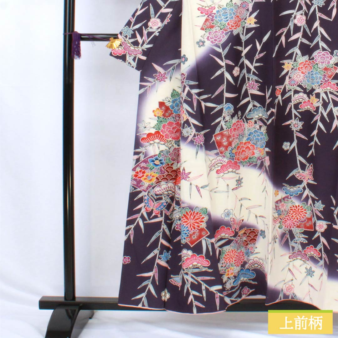 Homongi Silk A Rank Awase 155.5cm Length 62cm Sleeve-to-sleeve Deep Purple Kyo-Bingata Pine, Bamboo, Plum, Butterfly, Fan, Chrysanthemum Purple System 1112006403320