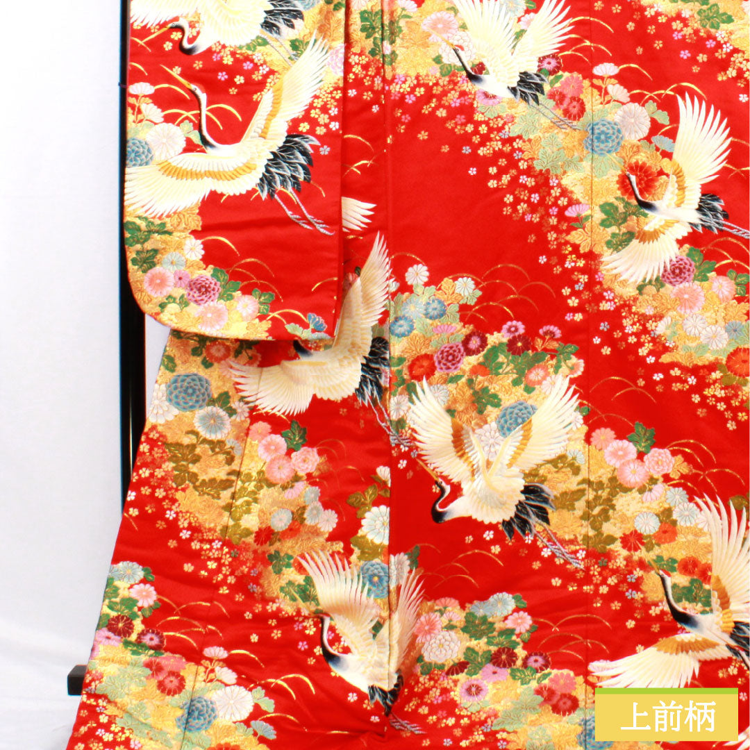 Iro-uchikake (colored kimono) made of pure silk, grade A, length 194cm, sleeve length 67cm, Karaori (tang weave) design with cranes, chrysanthemums, and cherry blossoms, lined, red, 1110000953912