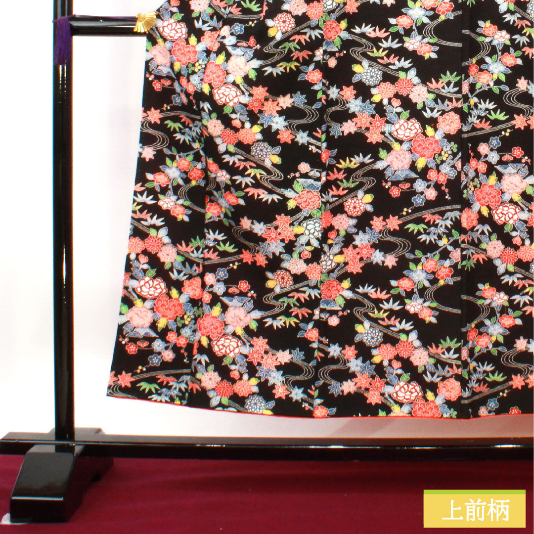 小紋 正絹 身丈152cm 裄丈63.5cm 袷 型染 吉祥文様 Sランク 黒系 1115004132210