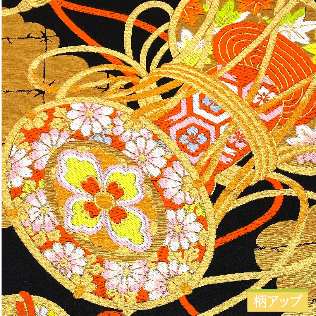 Fukuro Obi, Pure Silk, Black, Drum, Tortoise Shell, Shippo, Autumn Leaves, Length 424cm, S Rank, Six-way, Formal, Black, 1123011802310